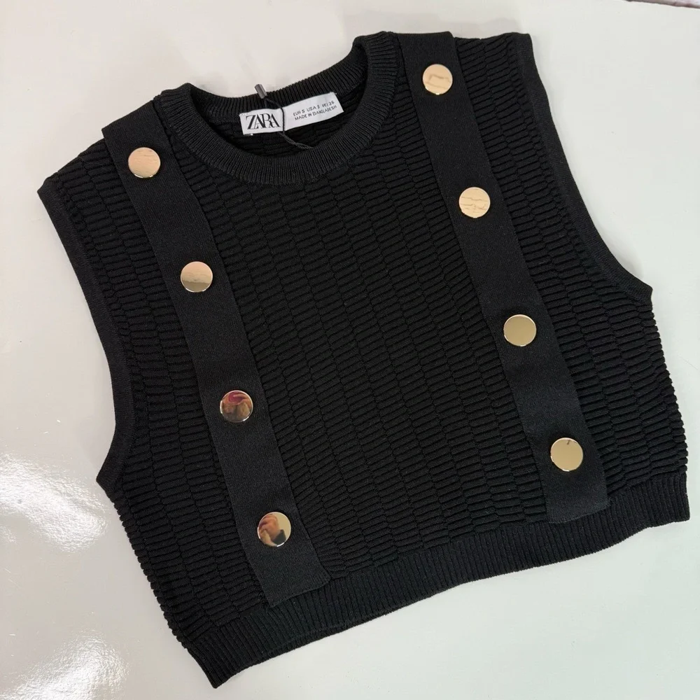 NEW ZARA S Black Sleeveless Crop Top Knit Vest Gold Button Accents Small NWT - Picture 14 of 15